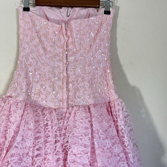 Vintage Lauralie Womens Dress Size 8 Pink Lace Tiered Sequins Barbie Core Tulle - Picture 4 of 6